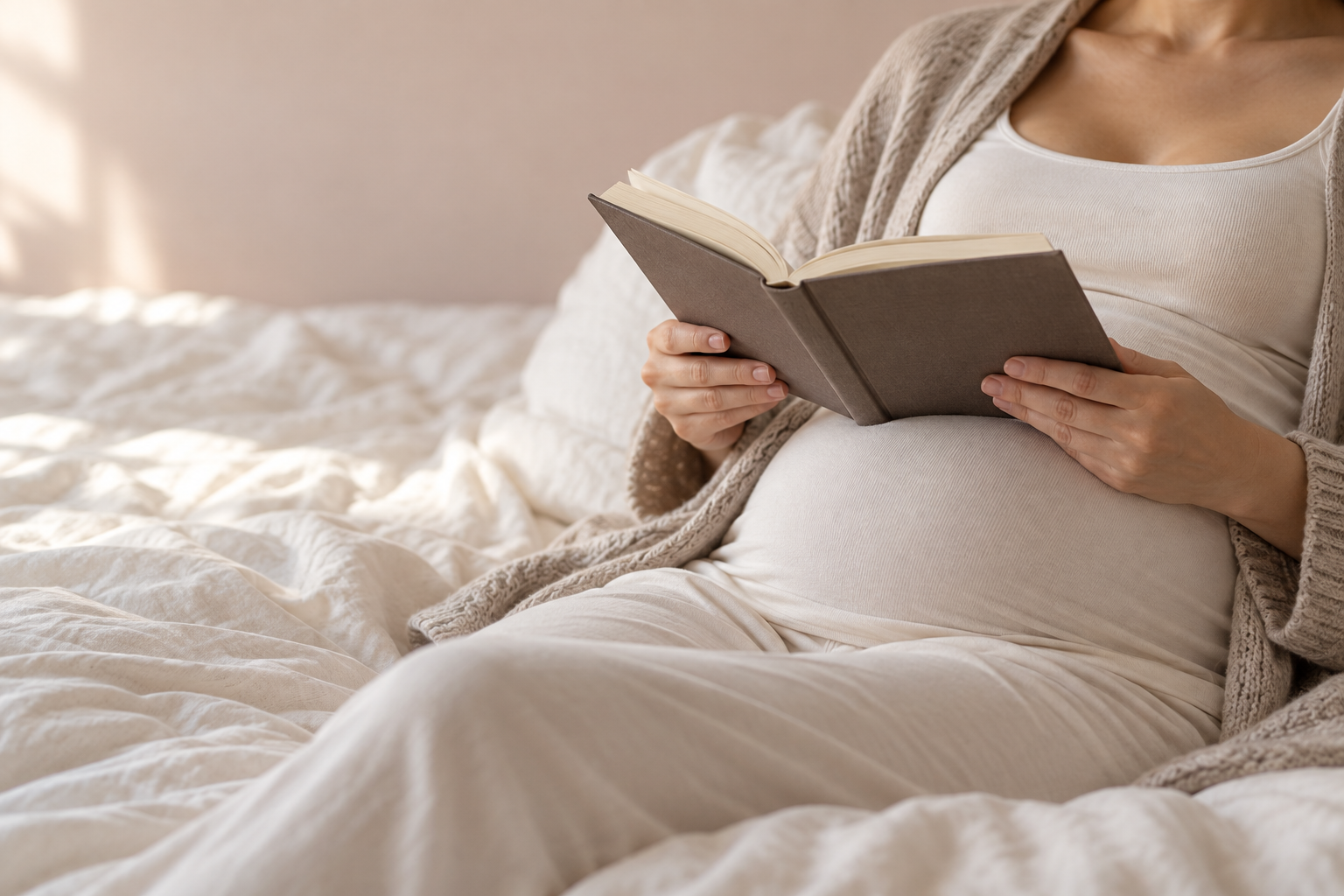 Una mujer embarazada lee un libro, recostada en una cama